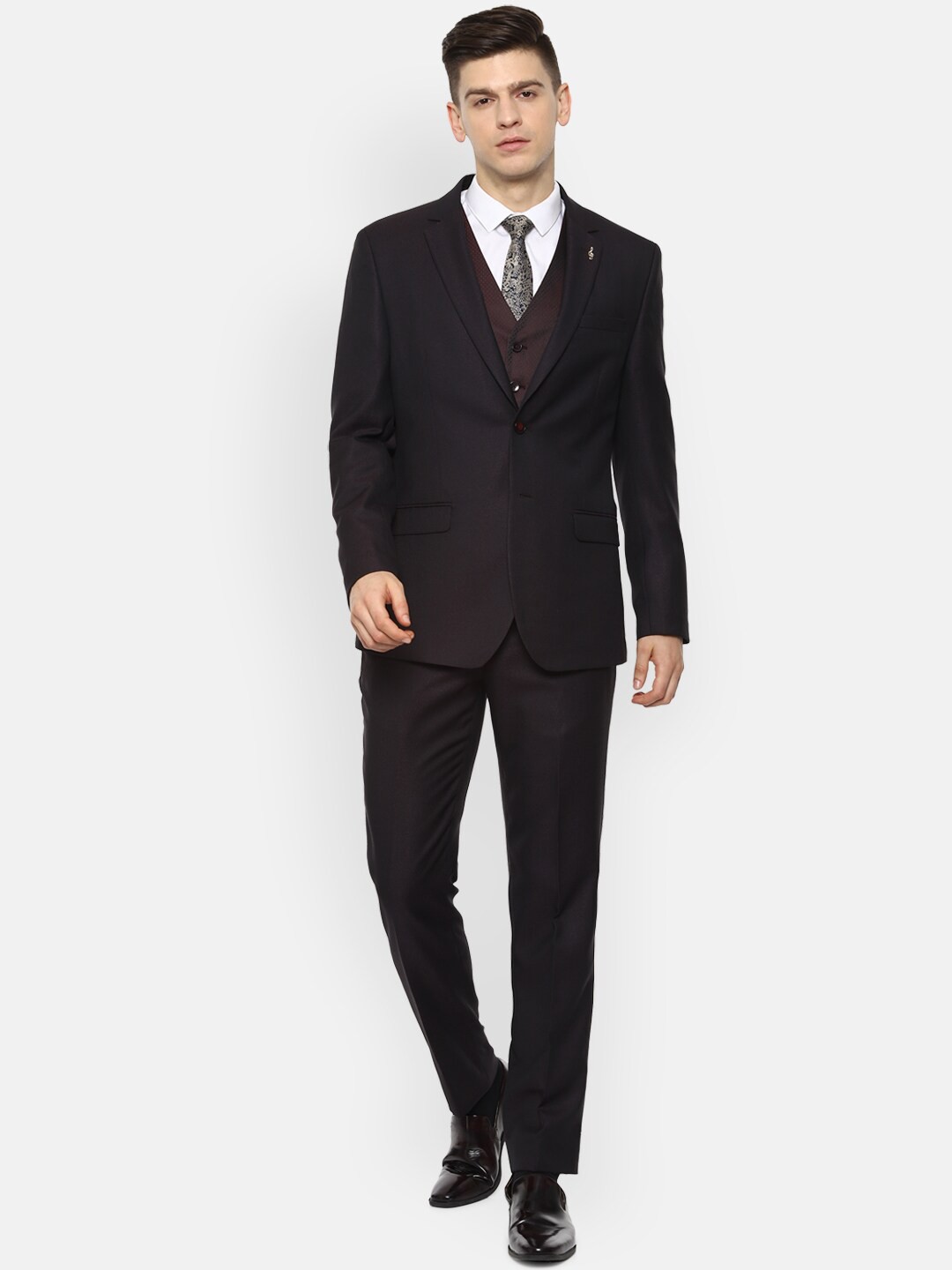 

Van Heusen Men Brown Self Design Slim-Fit Single-Breasted Three-Piece Formal Suit