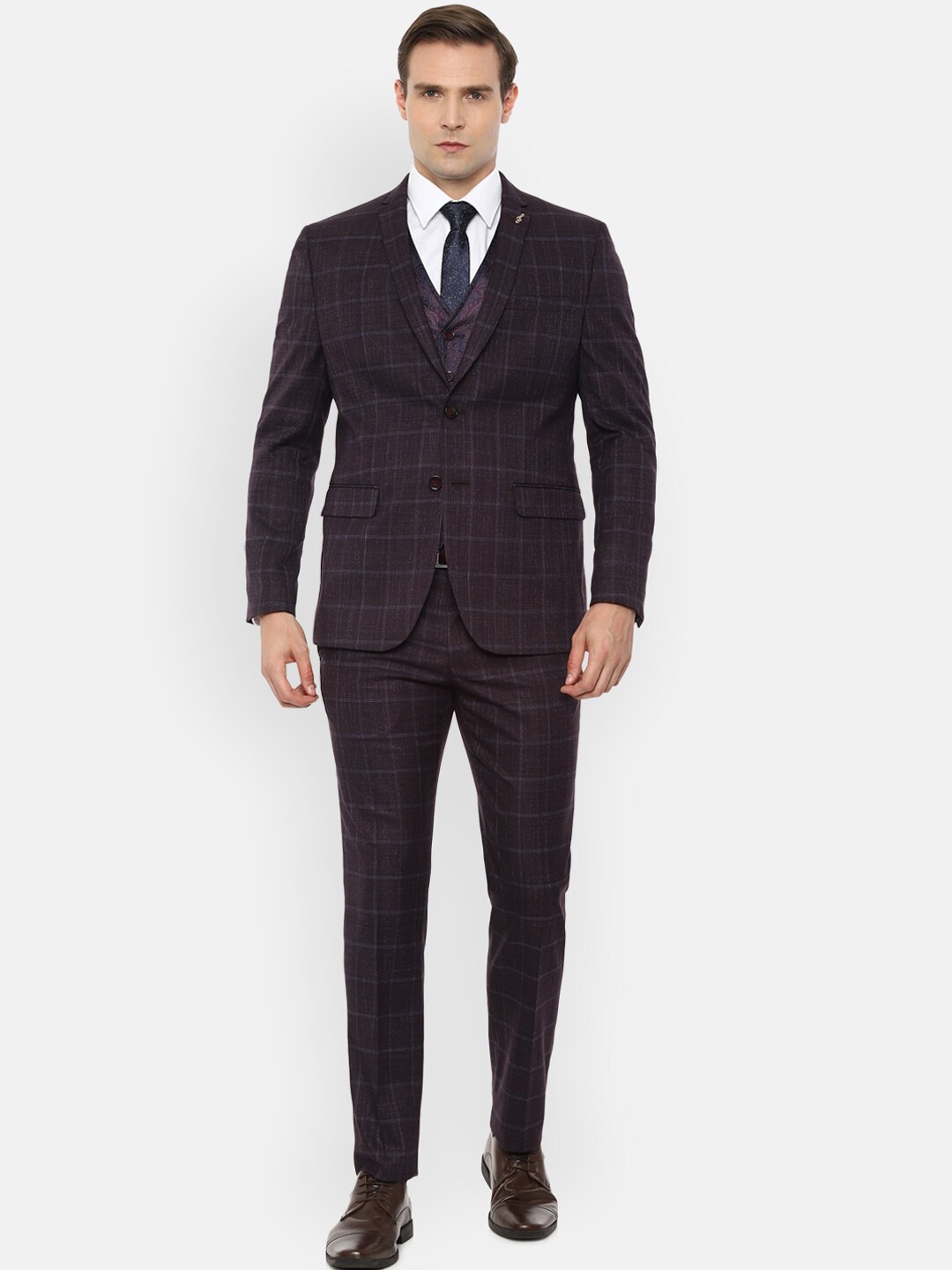 

Van Heusen Men Brown Checked Single-Breasted Slim-Fit Three-Piece Formal Suit