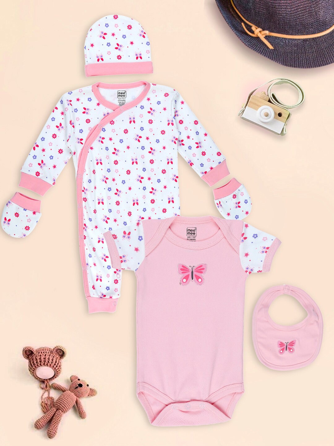 

MeeMee Infants Pack Of 5 Pink & White Printed Pure Cotton Baby Apparel Gift Set
