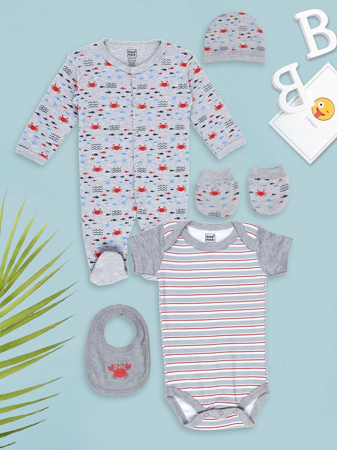 

MeeMee Infant 5-Pcs Printed Pure Cotton Baby Apparel Gift Set, Grey melange