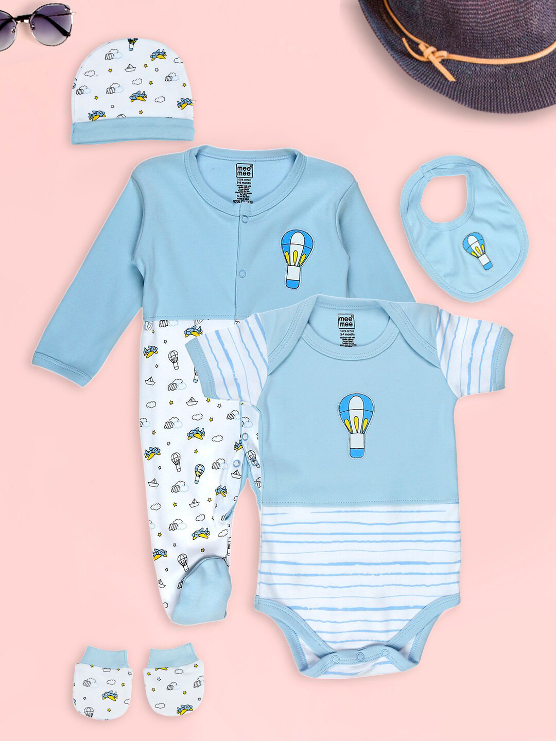 

MeeMee Infants Set of 5 Blue Printed Cotton Baby Apparel Gift Set