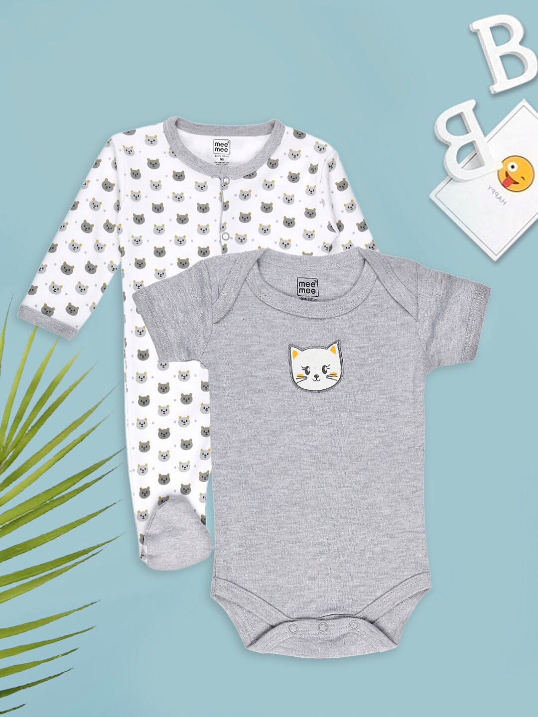 

MeeMee Infants Pack Of 5 Grey Melange & White Printed Pure Cotton Baby Apparel Gift Set