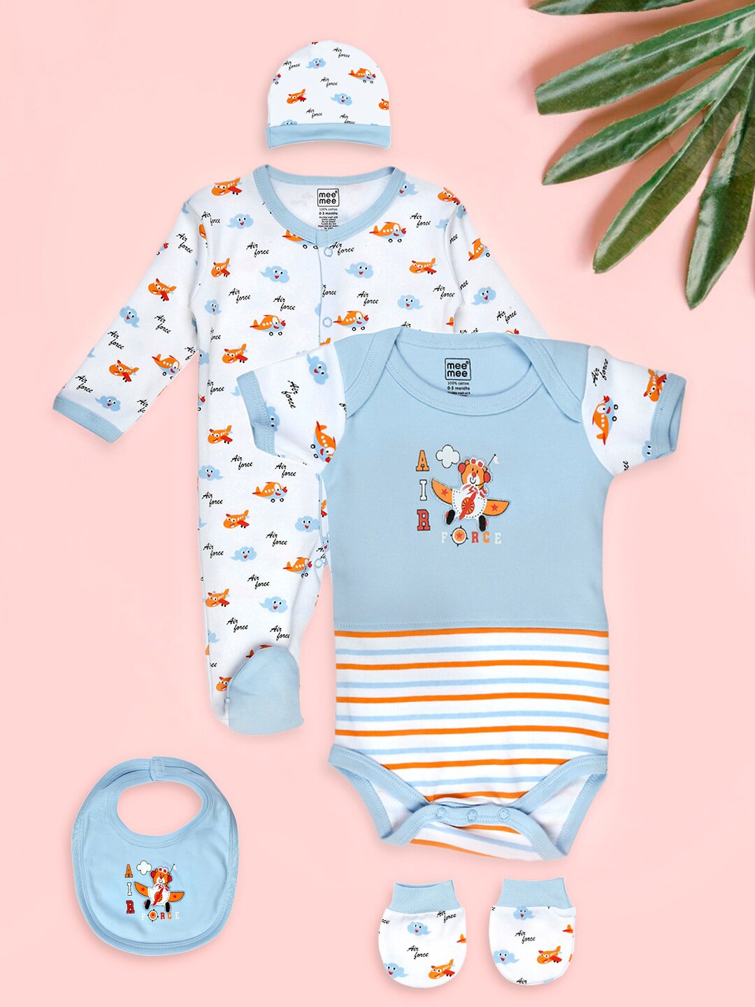 

MeeMee Infant Blue & White 5-Pcs Printed Pure Cotton Baby Apparel Gift Set