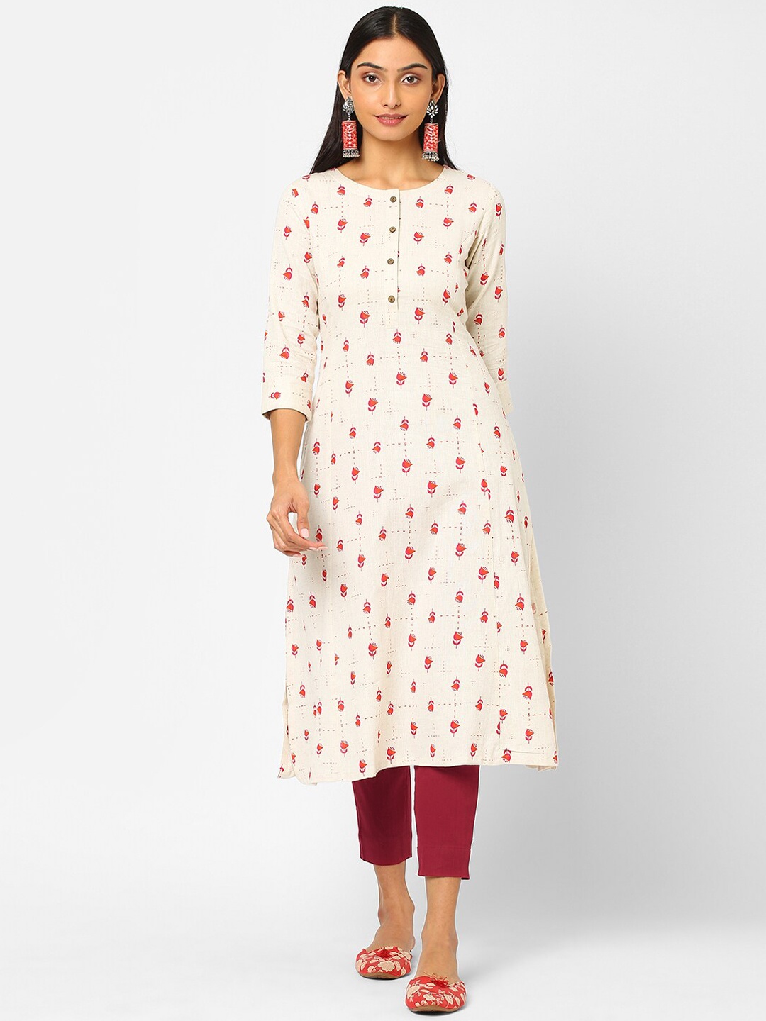 

KAMI KUBI Women White Geometric Printed Cold-Shoulder Sleeves Thread Work Kurta
