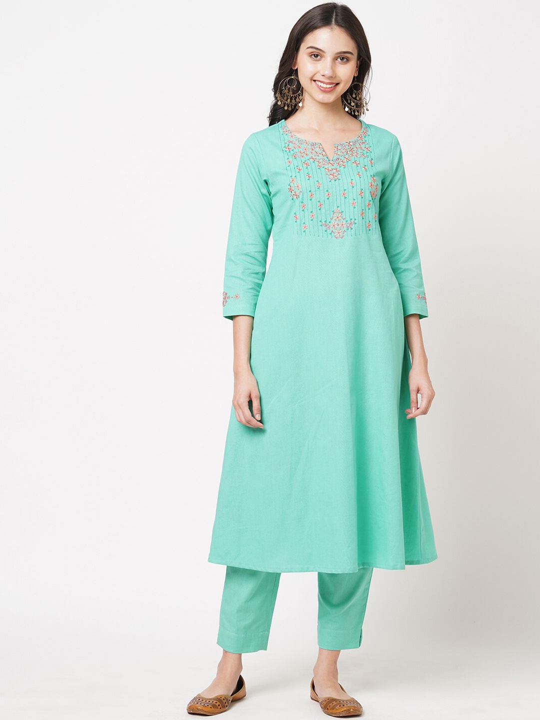 

KAMI KUBI Women Turquoise Blue Floral Yoke Design Thread Work Cotton Kurta