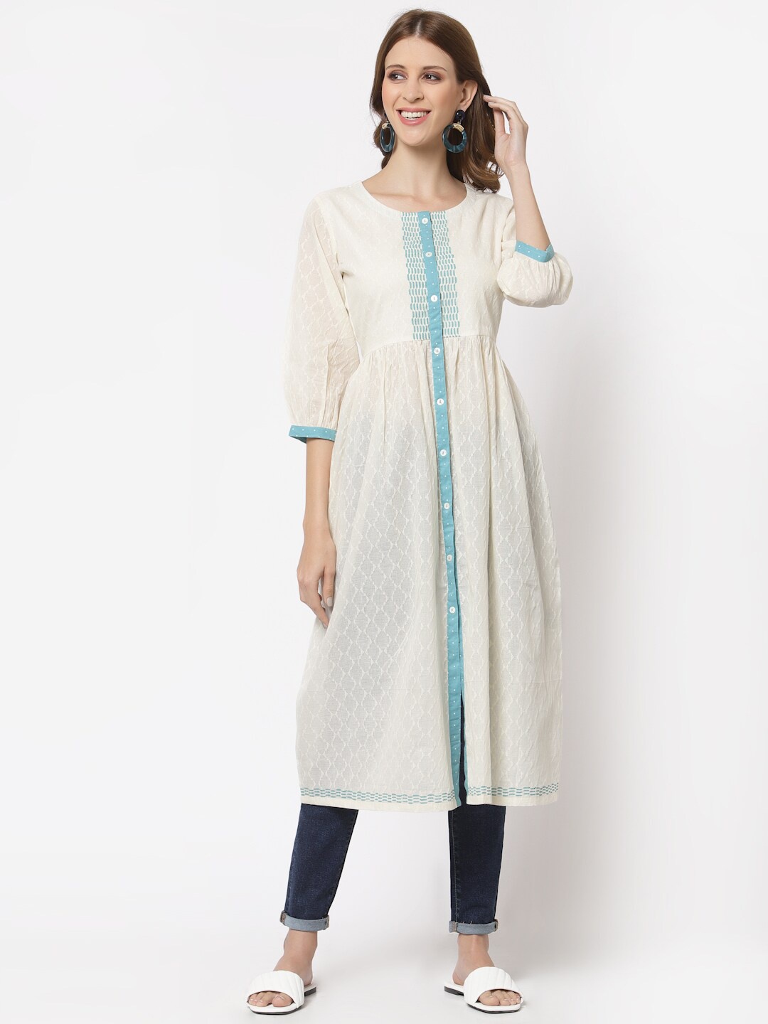 

KAMI KUBI Women White & Turquoise Blue Geometric Striped Anarkali Cotton Kurta