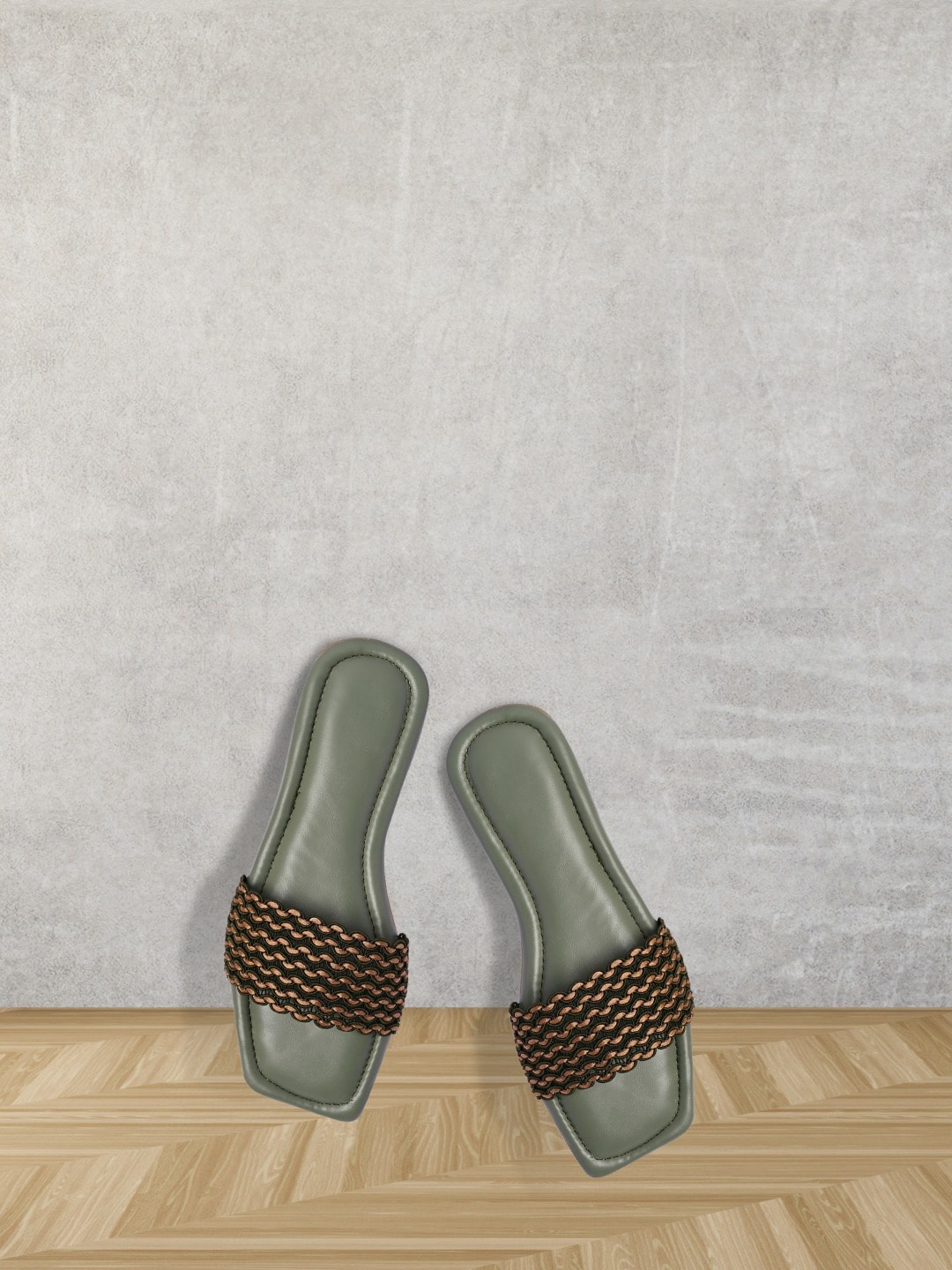 

PERY PAO Women Olive Green Textured Open Toe Flats