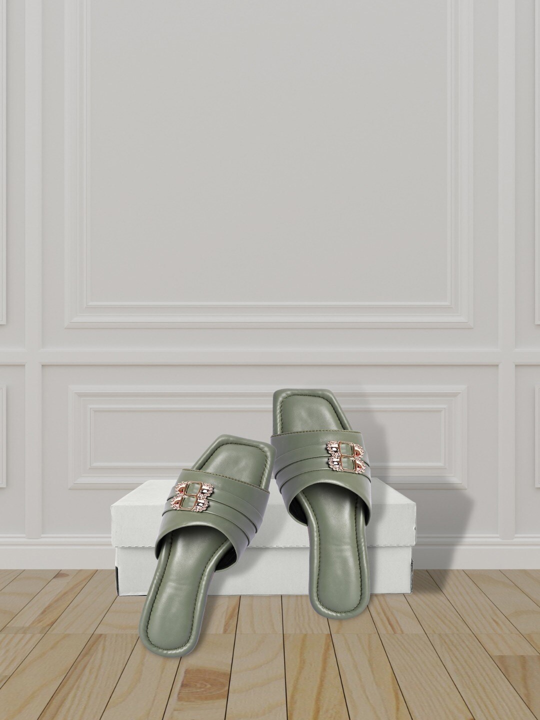 

PERY PAO Women Olive Green Printed Open Toe Flats