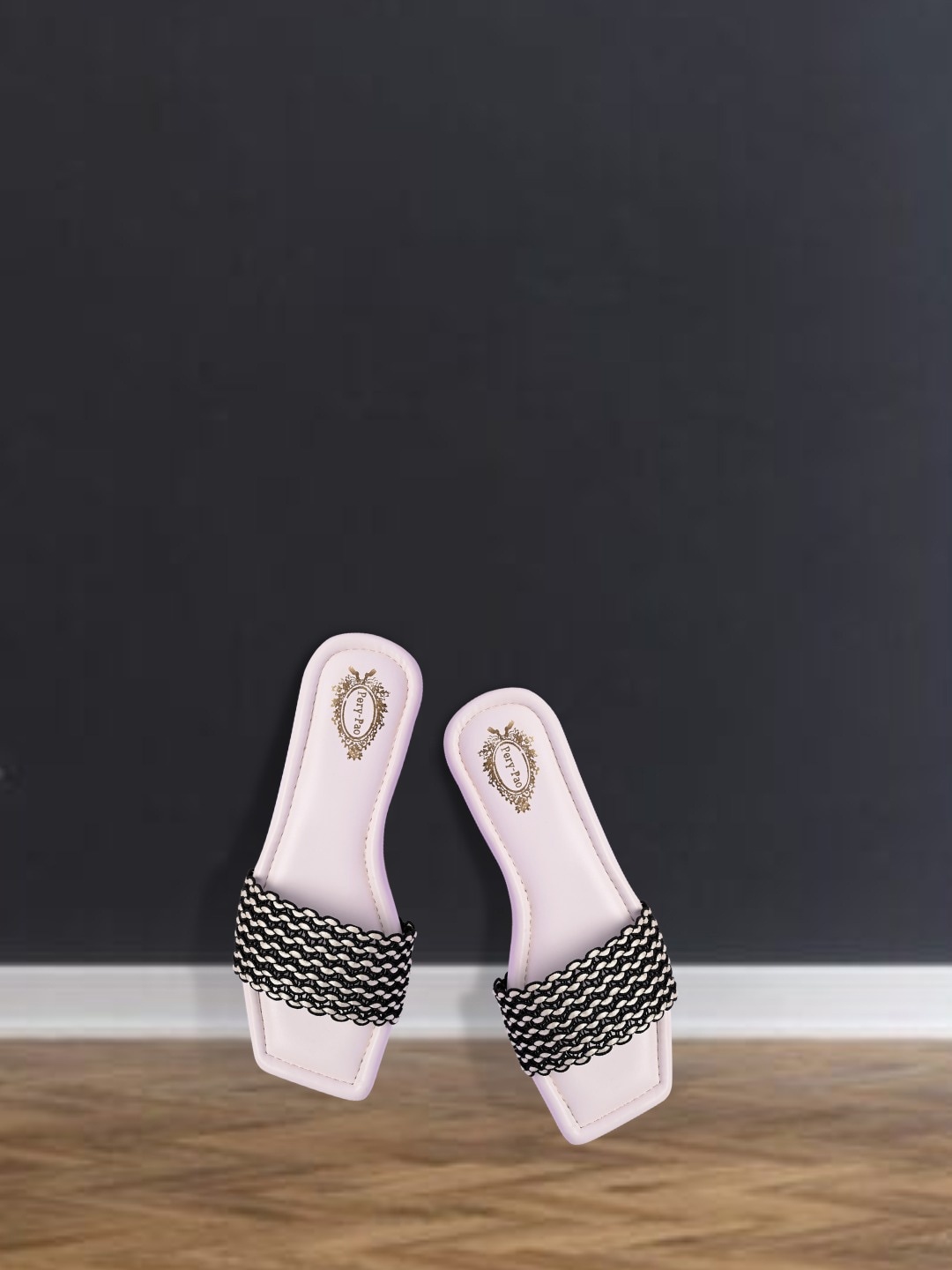 

PERY PAO Women White Striped Open Toe Flats