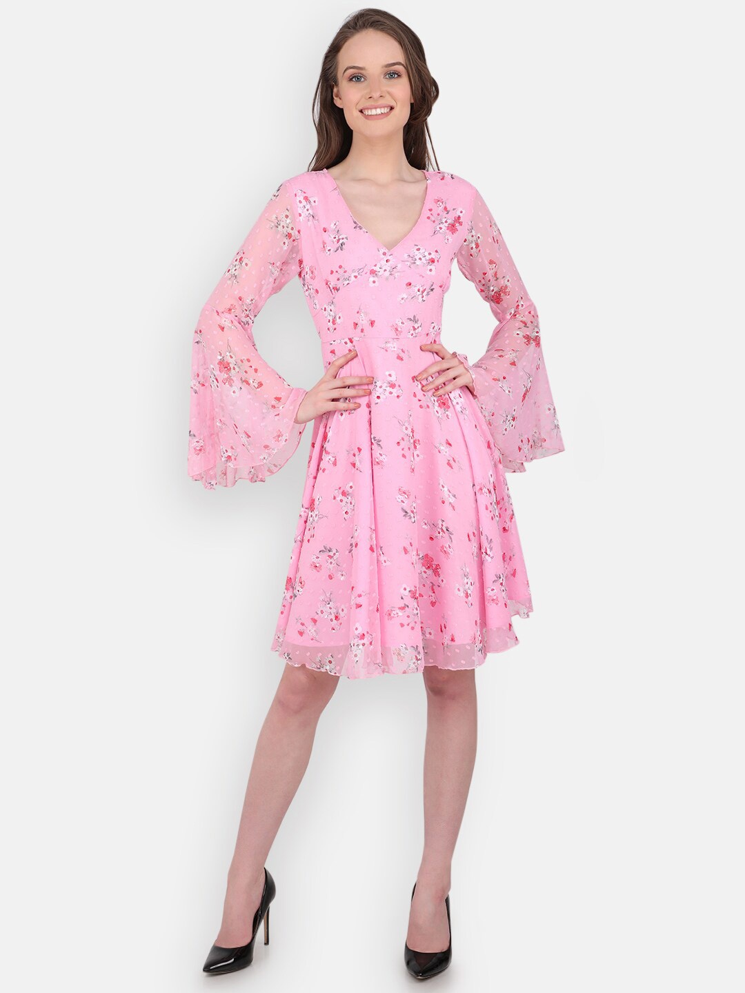

MARC LOUIS Pink Floral Chiffon Prom Dress