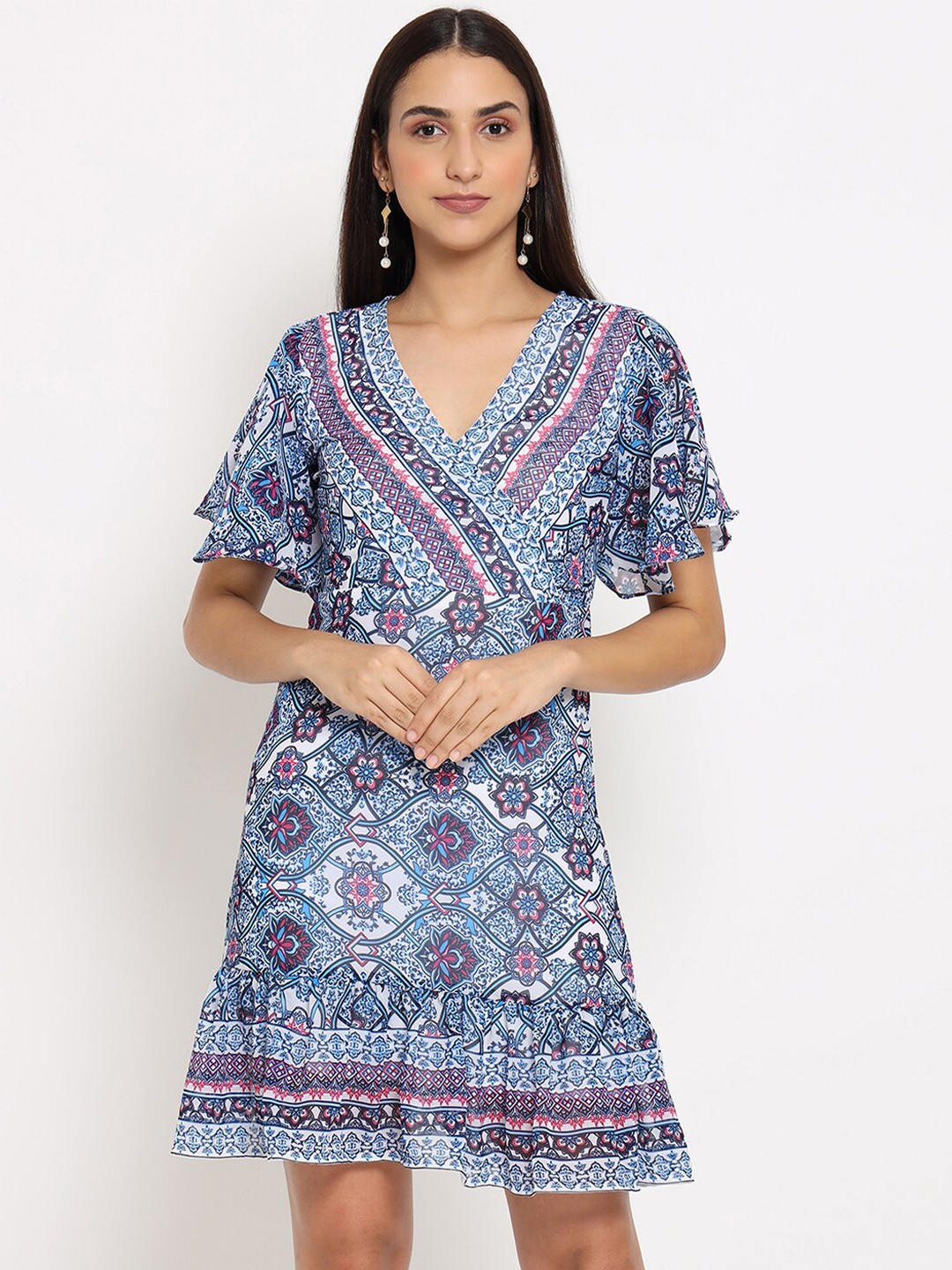 

MARC LOUIS Blue Floral Georgette Dress
