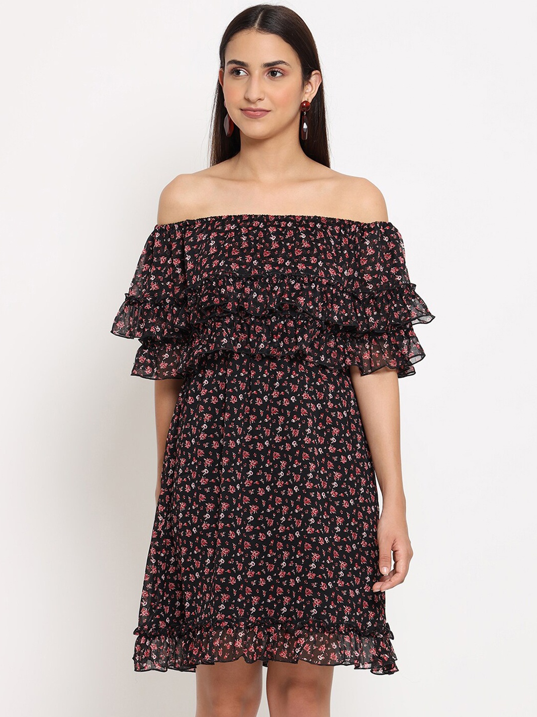 

MARC LOUIS Black Floral Off-Shoulder Chiffon Dress