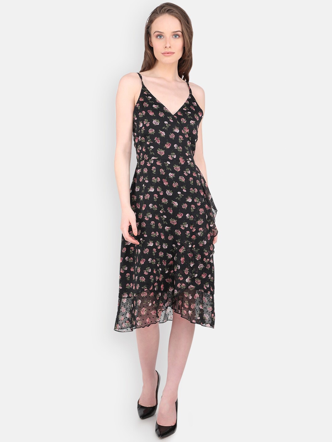 

MARC LOUIS Women Black Floral Printed Chiffon Midi Dress