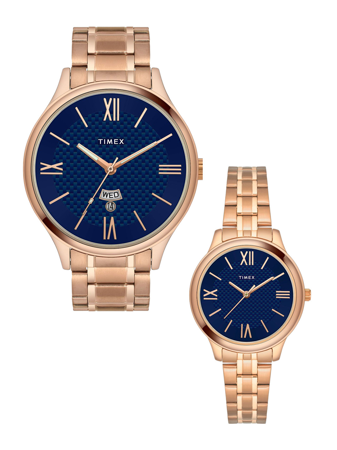

Timex Unisex Blue Brass Dial & Rose Gold Toned Stainless Steel Bracelet Style Straps Analogue Watch