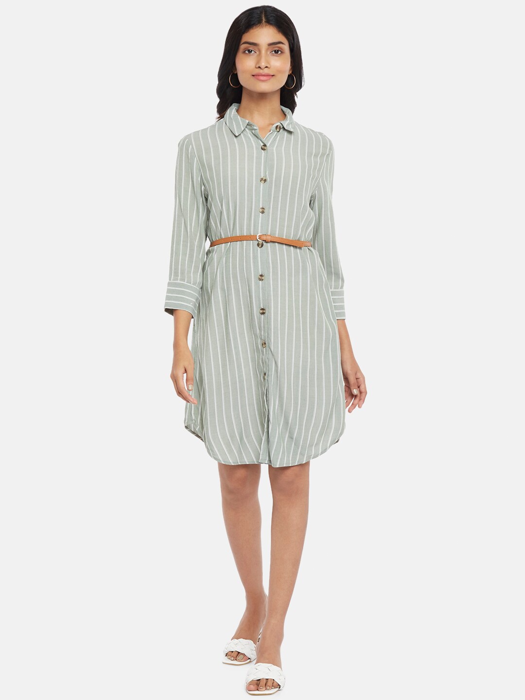 

Honey by Pantaloons Women Olive Green & White Striped Shirt Dress