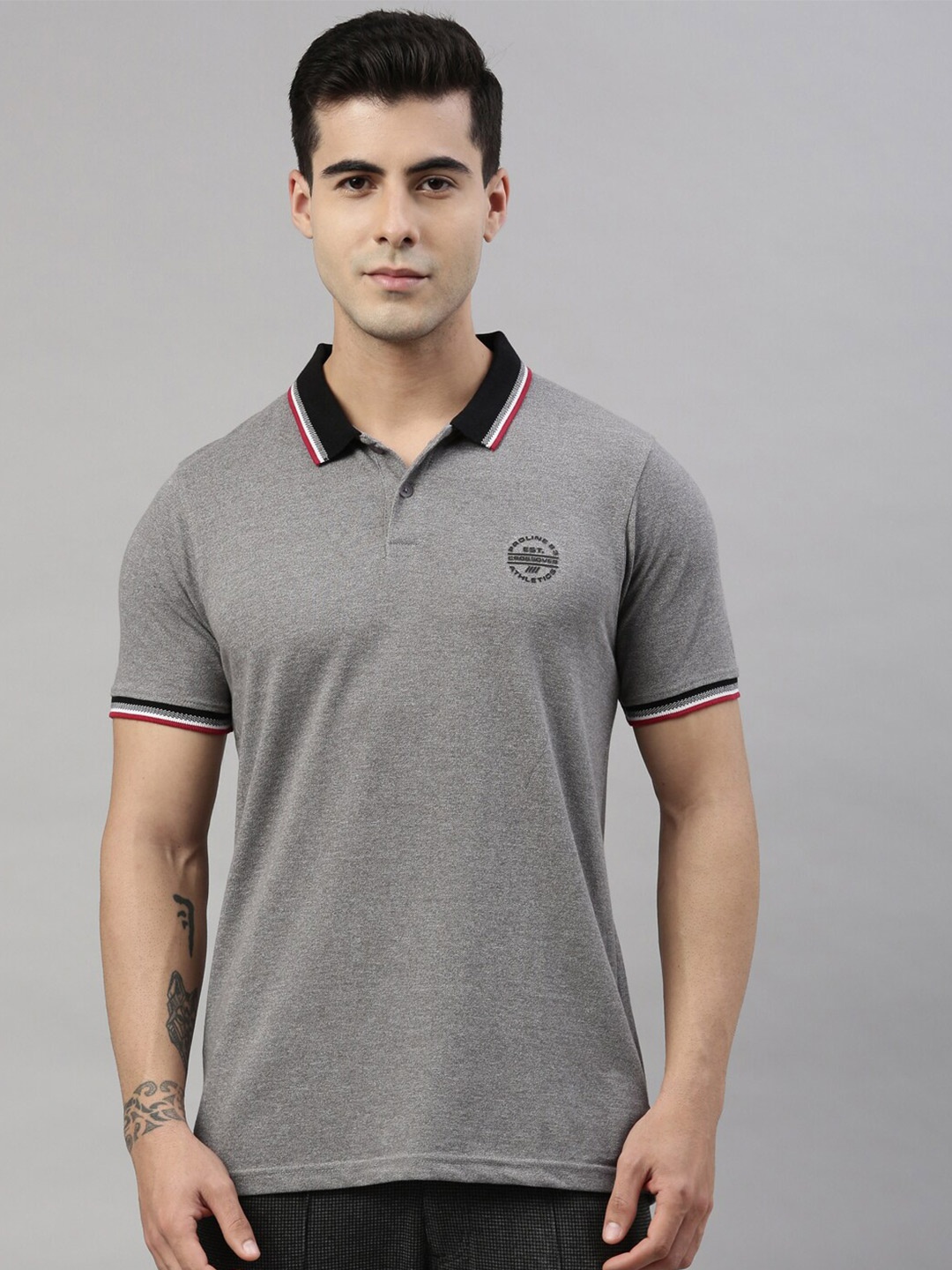 

Proline Active Men Grey Polo Collar Applique T-shirt