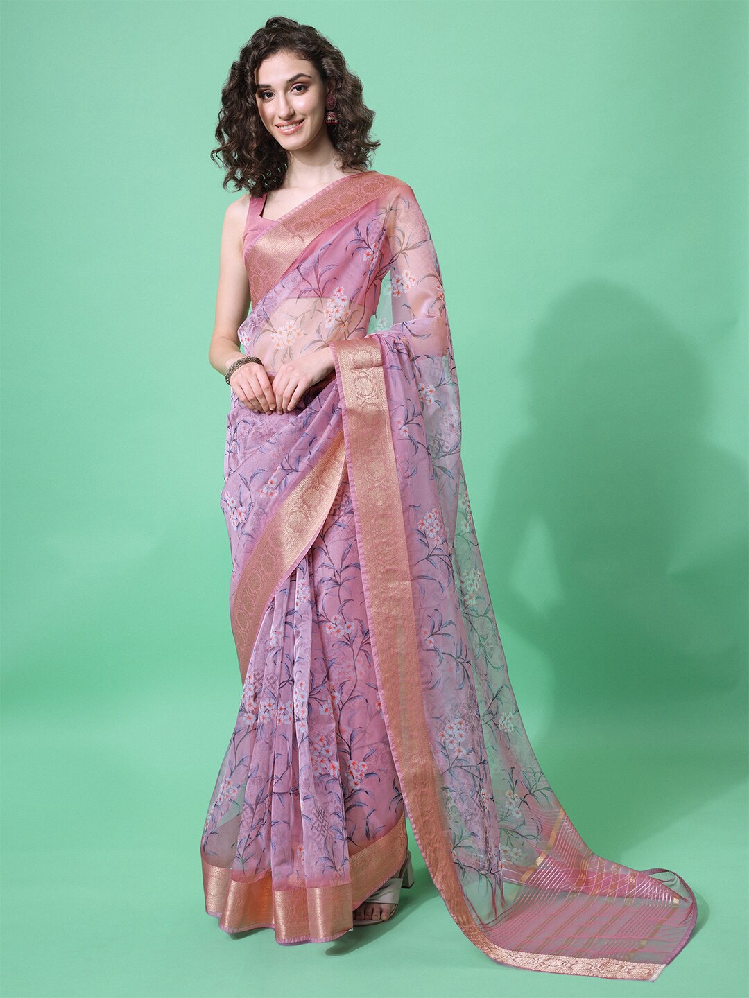 

Inddus Pink & Gold-Toned Floral Organza Saree