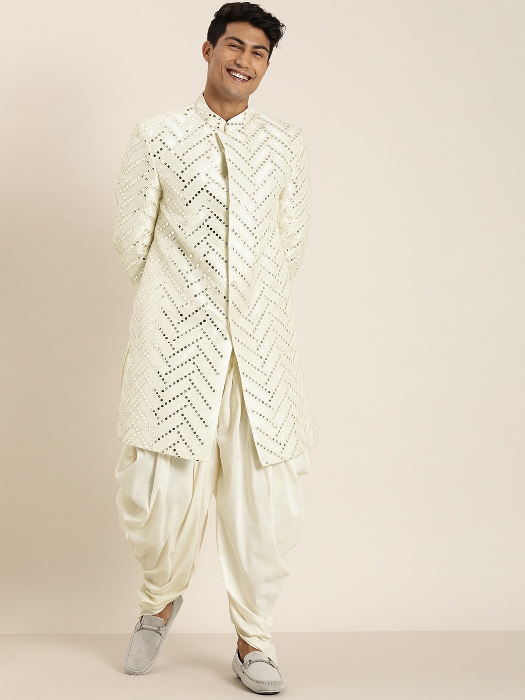 

VASTRAMAY Men Cream-Colored Mirror Worked Sherwani Set