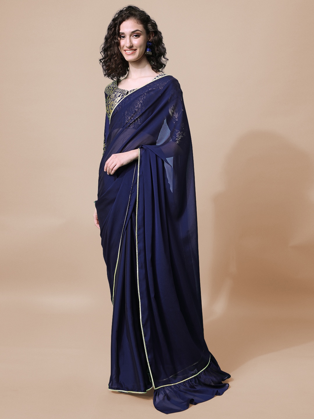 

Sangria Navy Blue & Gold-Toned Silk Blend Ruffle Saree