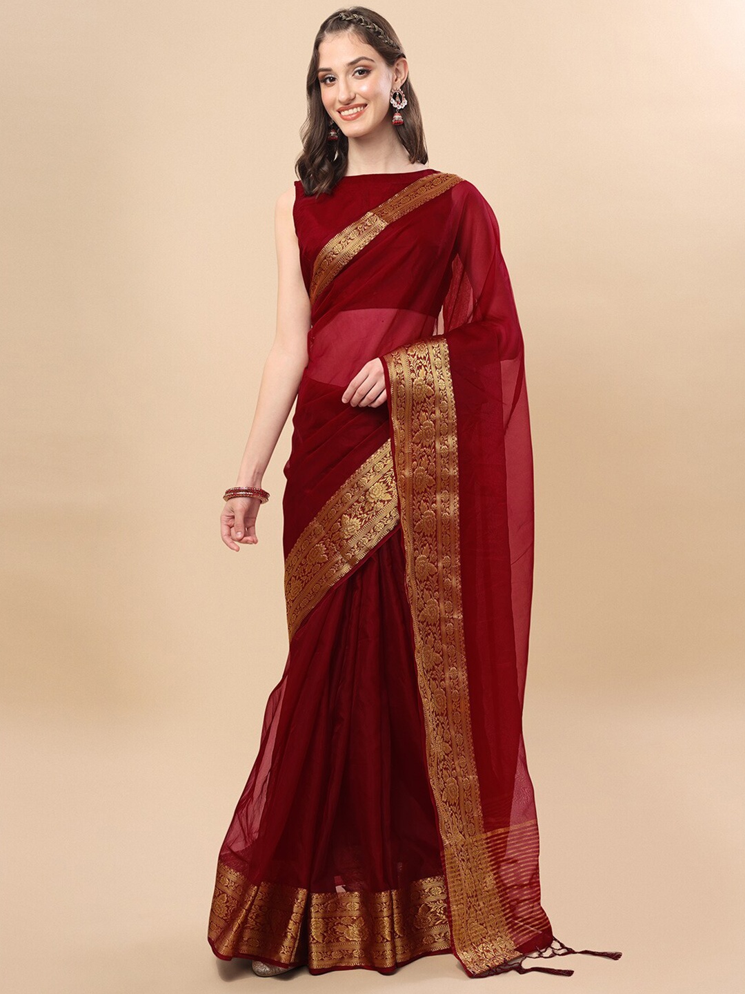 

Sangria Maroon & Gold-Toned Zari Woven Design Saree with Blouse Piece