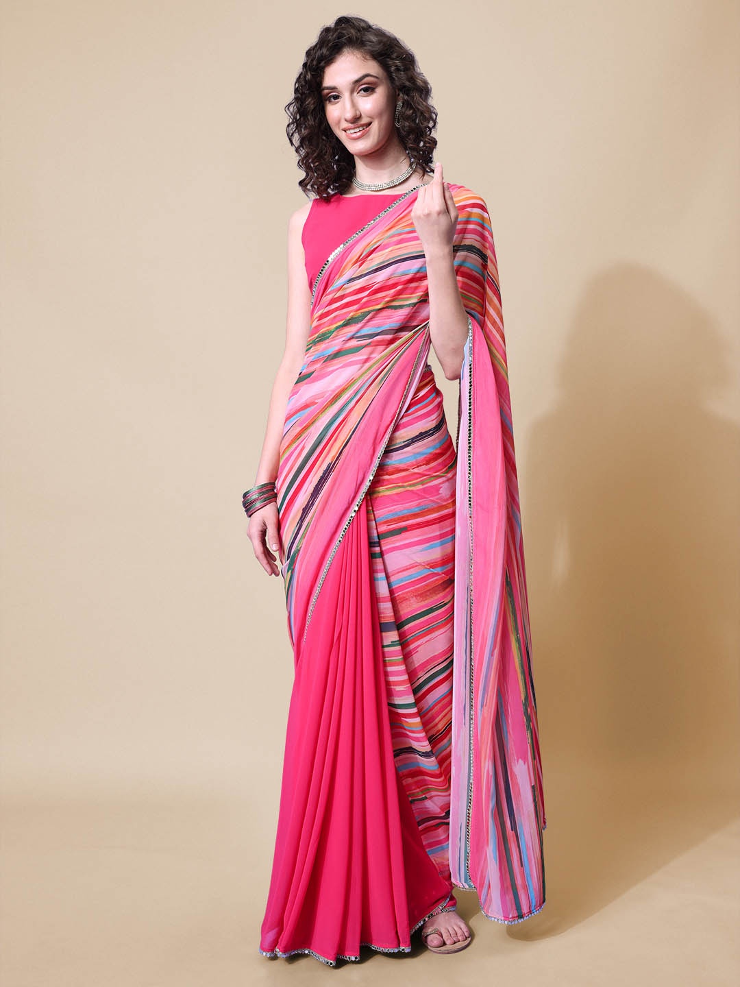 

Sangria Women Pink & Green Striped Saree