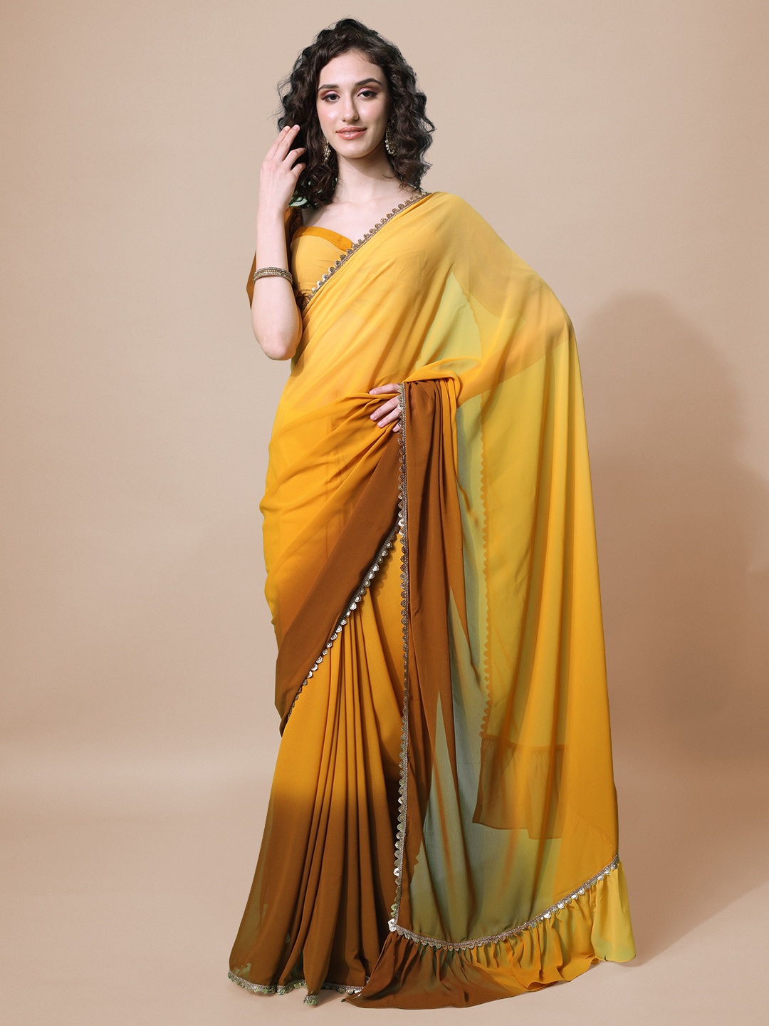 

Sangria Mustard & Brown Ombre Ruffle Saree