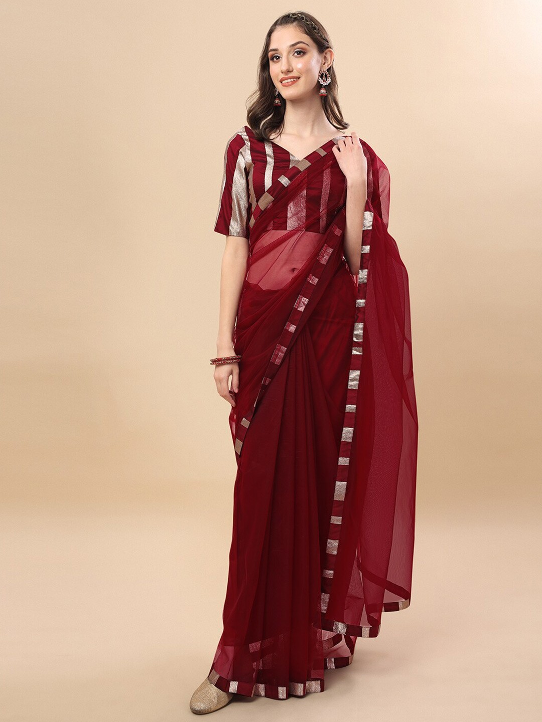 

Sangria Maroon Woven Design Net Saree