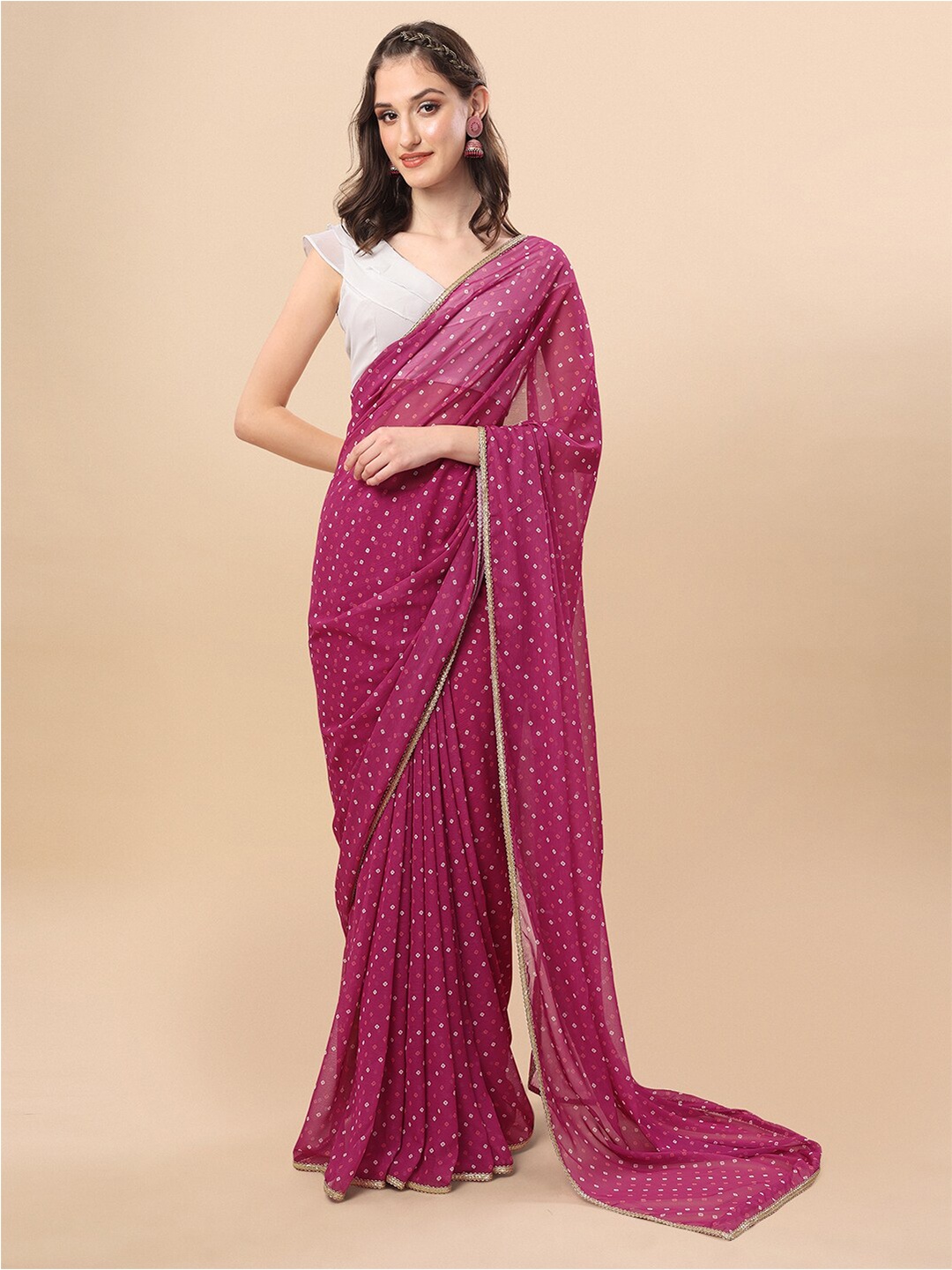 

Sangria Pink & White Bandhani Gotta Patti Saree