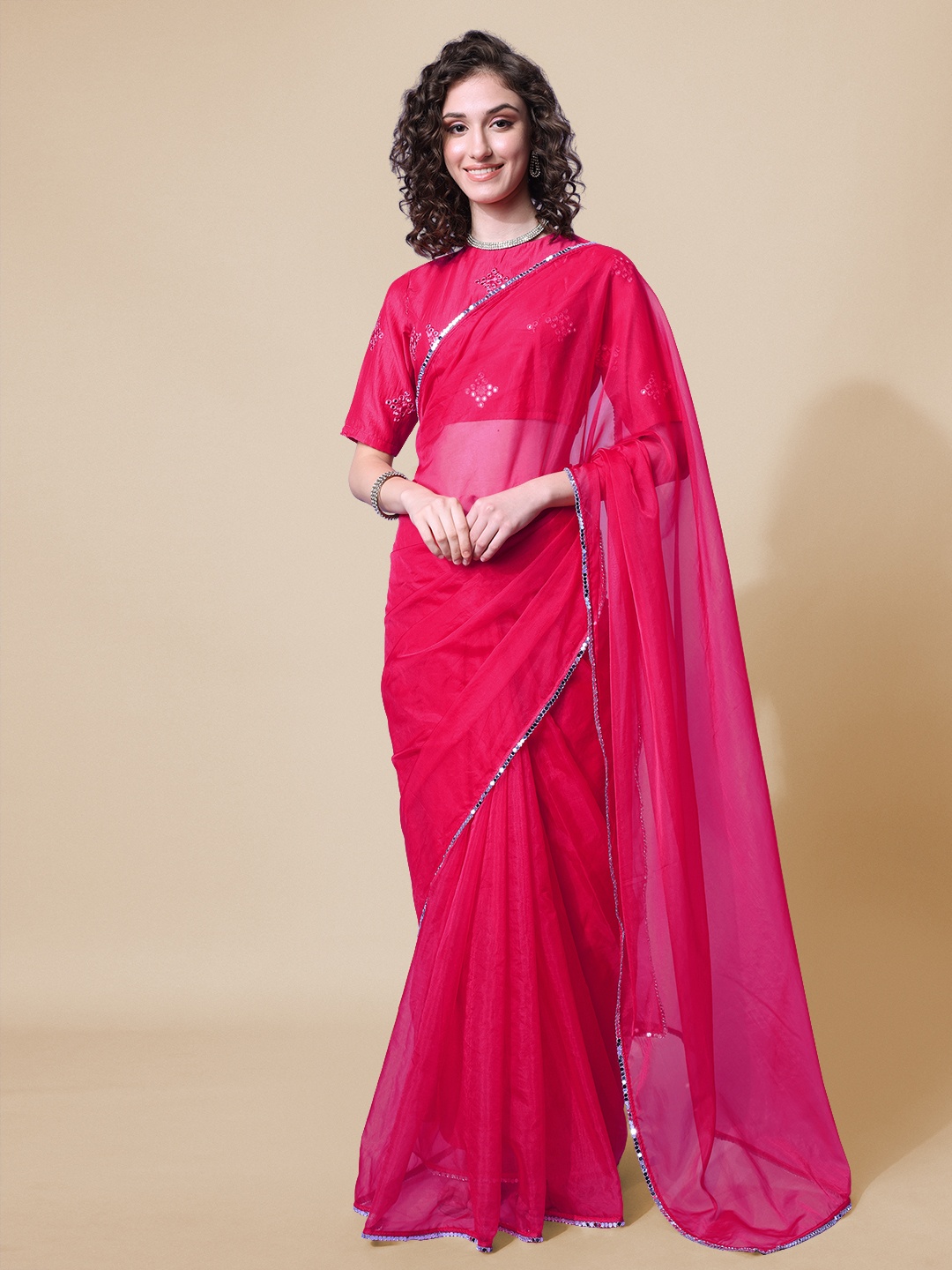 

Sangria Women Pink Solid Saree with Sequinned Embroidered Blouse Piece, Red