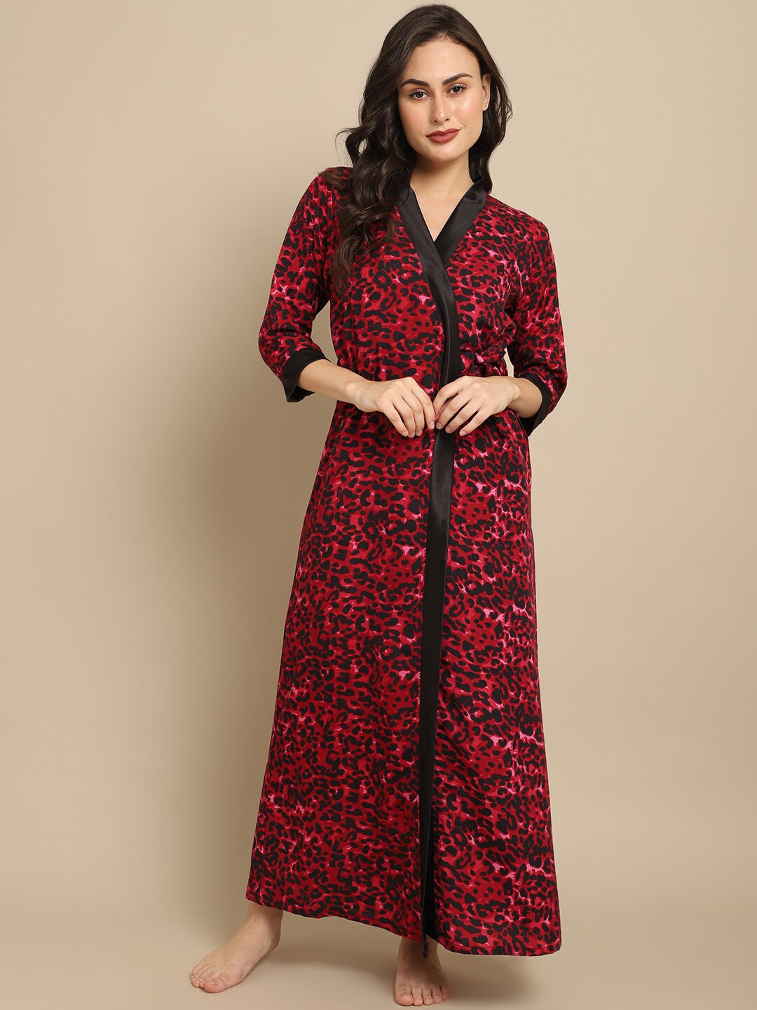 

Claura Women Printed Maxi Nighty With Robe, Maroon