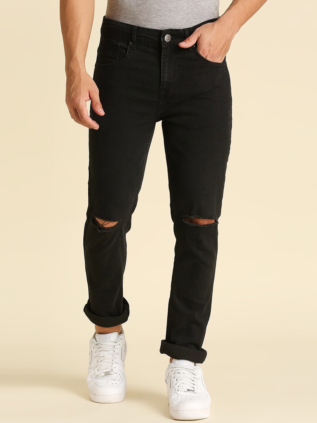 

High Star Men Black Slim Fit Slash Knee Jeans