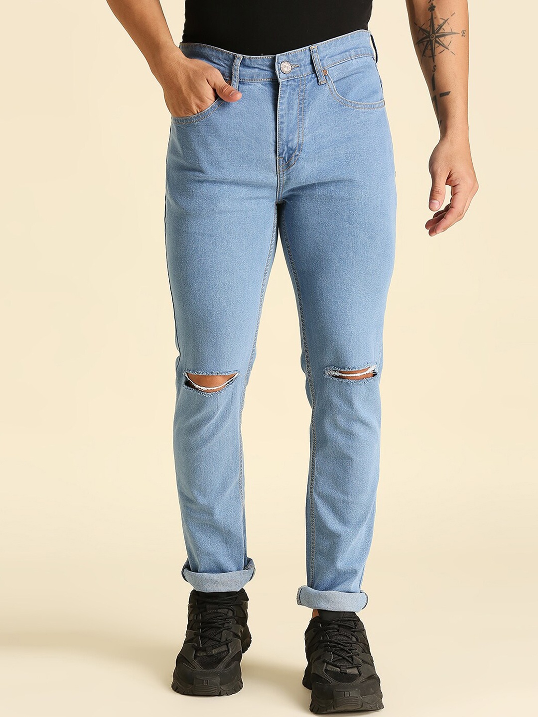 

High Star Men Blue Slim Fit Slash Knee Jeans