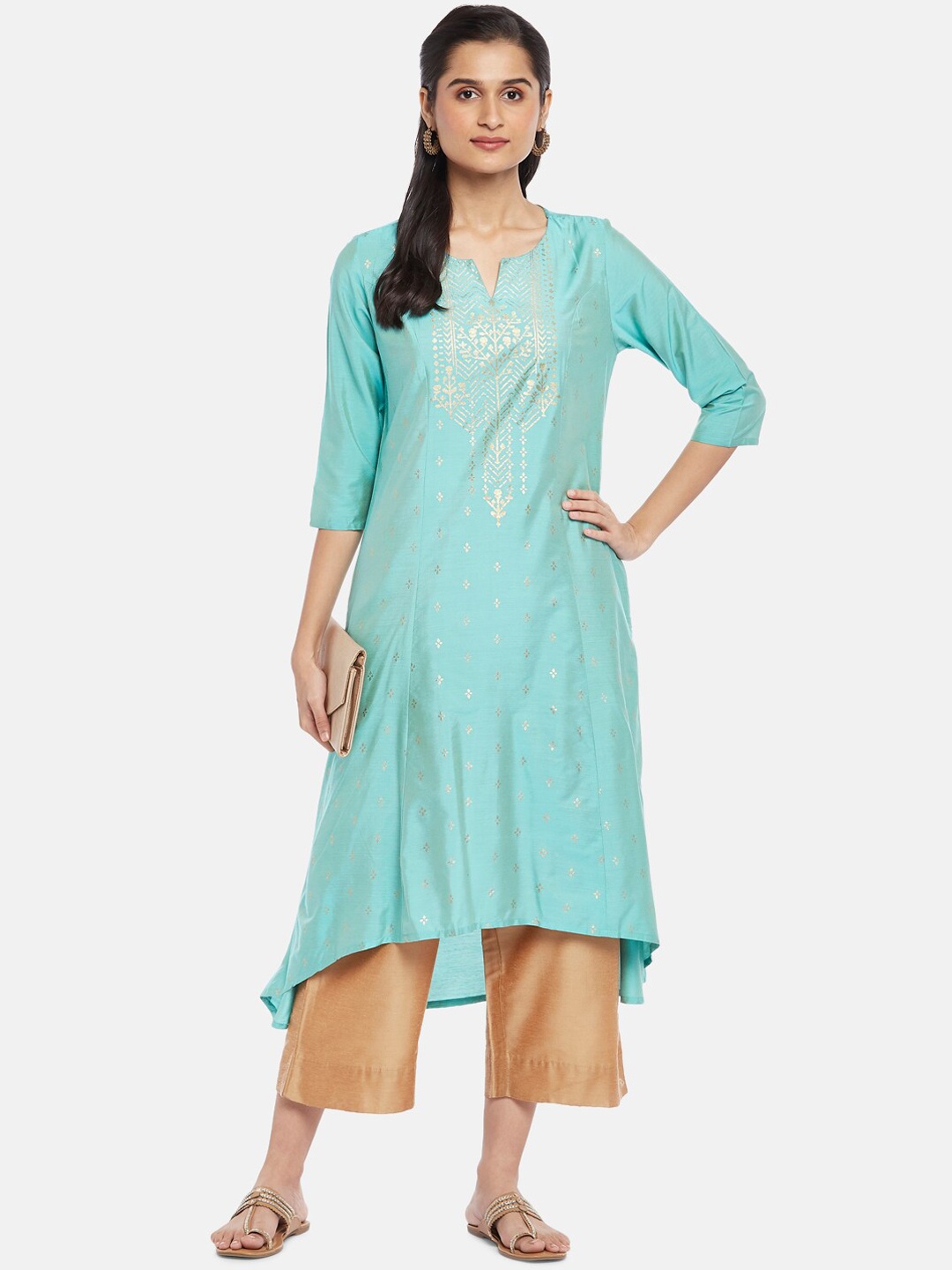 

RANGMANCH BY PANTALOONS Women Blue & Gold-Toned Floral Embroidered Kurta