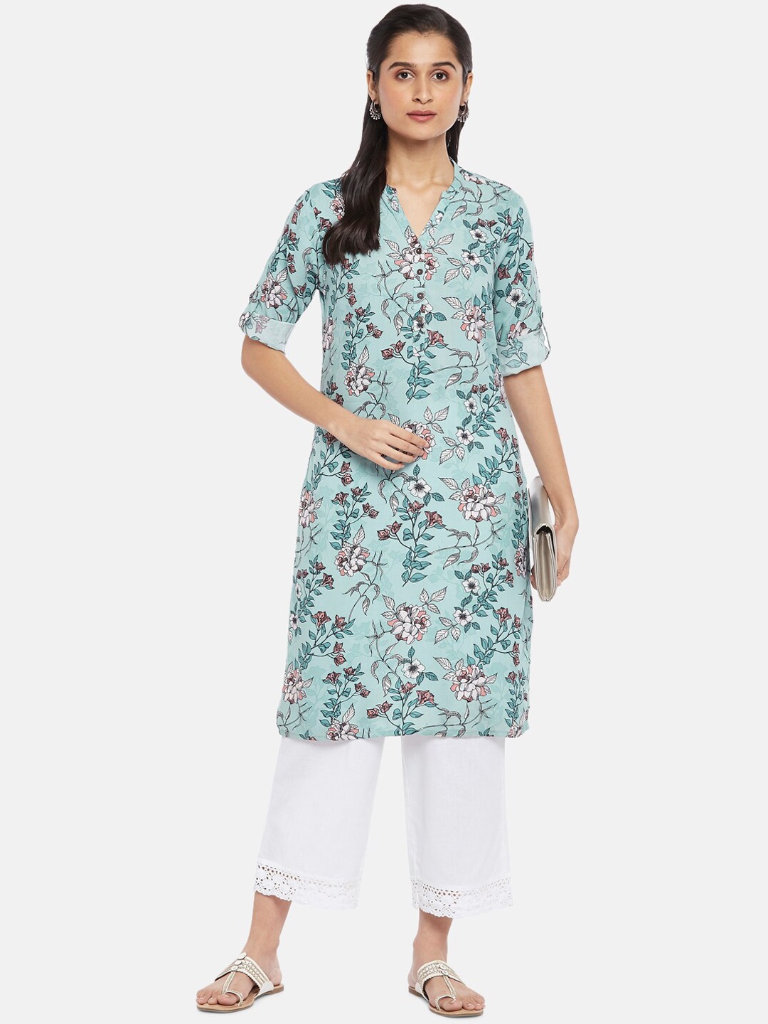 

RANGMANCH BY PANTALOONS Women Green Floral Printed Thread Work Kurta
