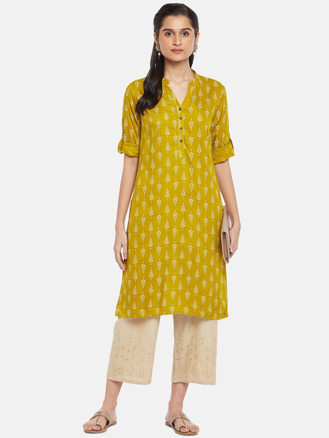 

RANGMANCH BY PANTALOONS Women Mustard Yellow Ethnic Motifs Thread Work Kurta