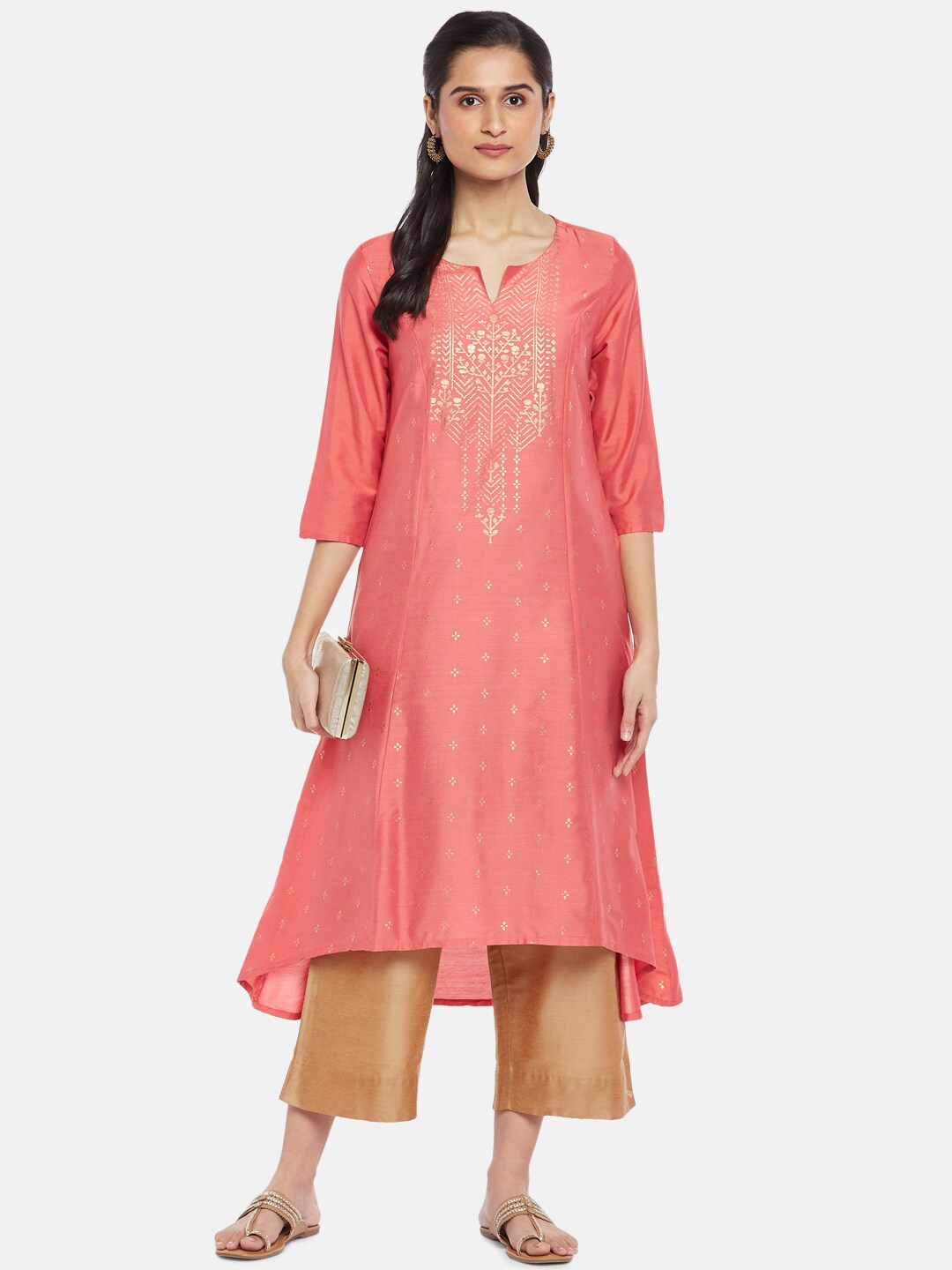 

RANGMANCH BY PANTALOONS Women Coral Ethnic Motifs Keyhole Neck Thread Work Kurta