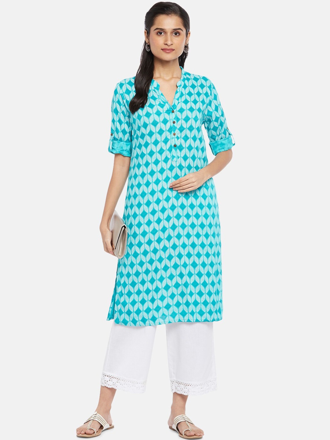 

RANGMANCH BY PANTALOONS Women Turquoise Blue Geometric Printed Kurta