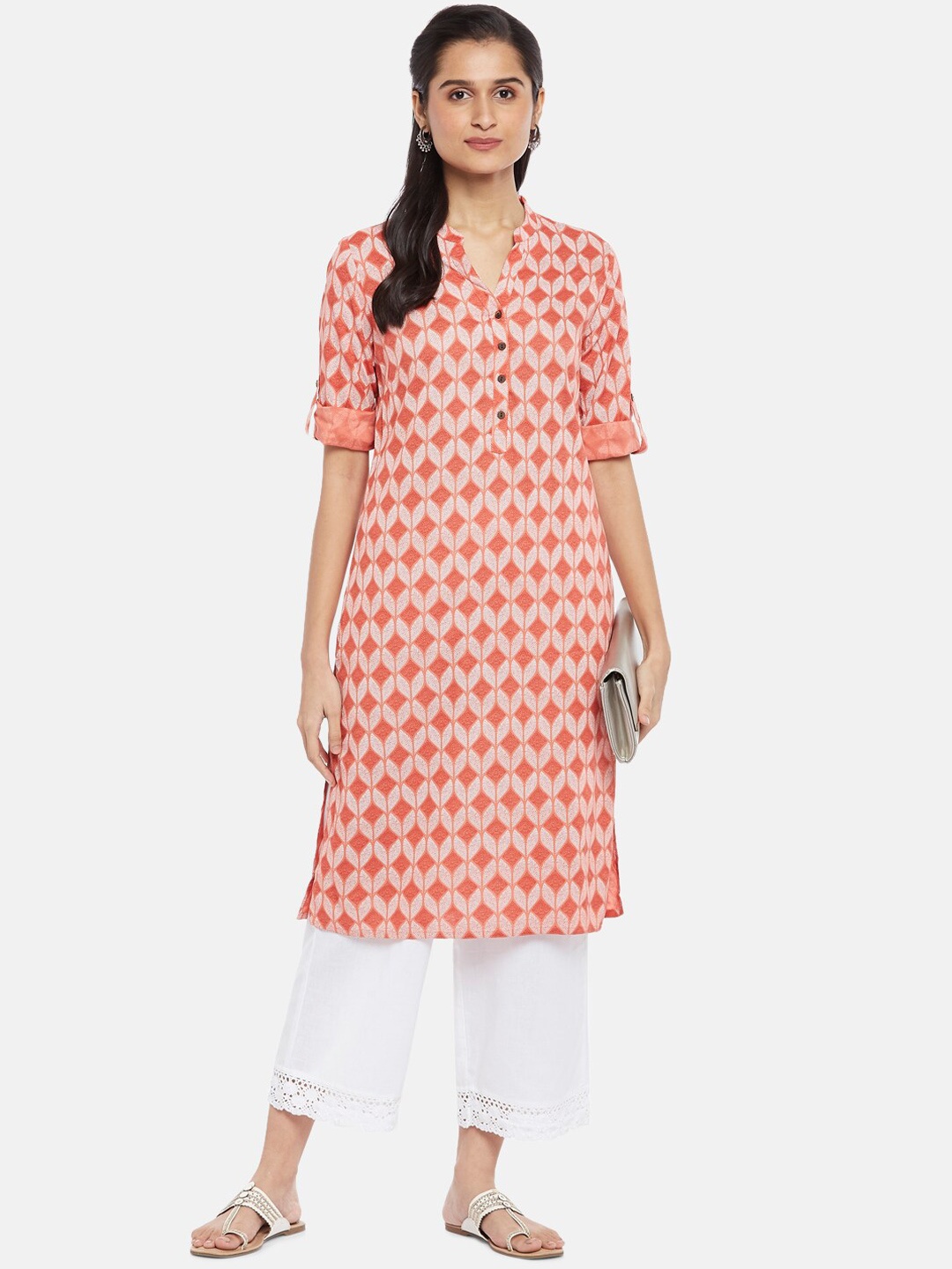 

RANGMANCH BY PANTALOONS Women Coral Ethnic Motifs Printed Kurta