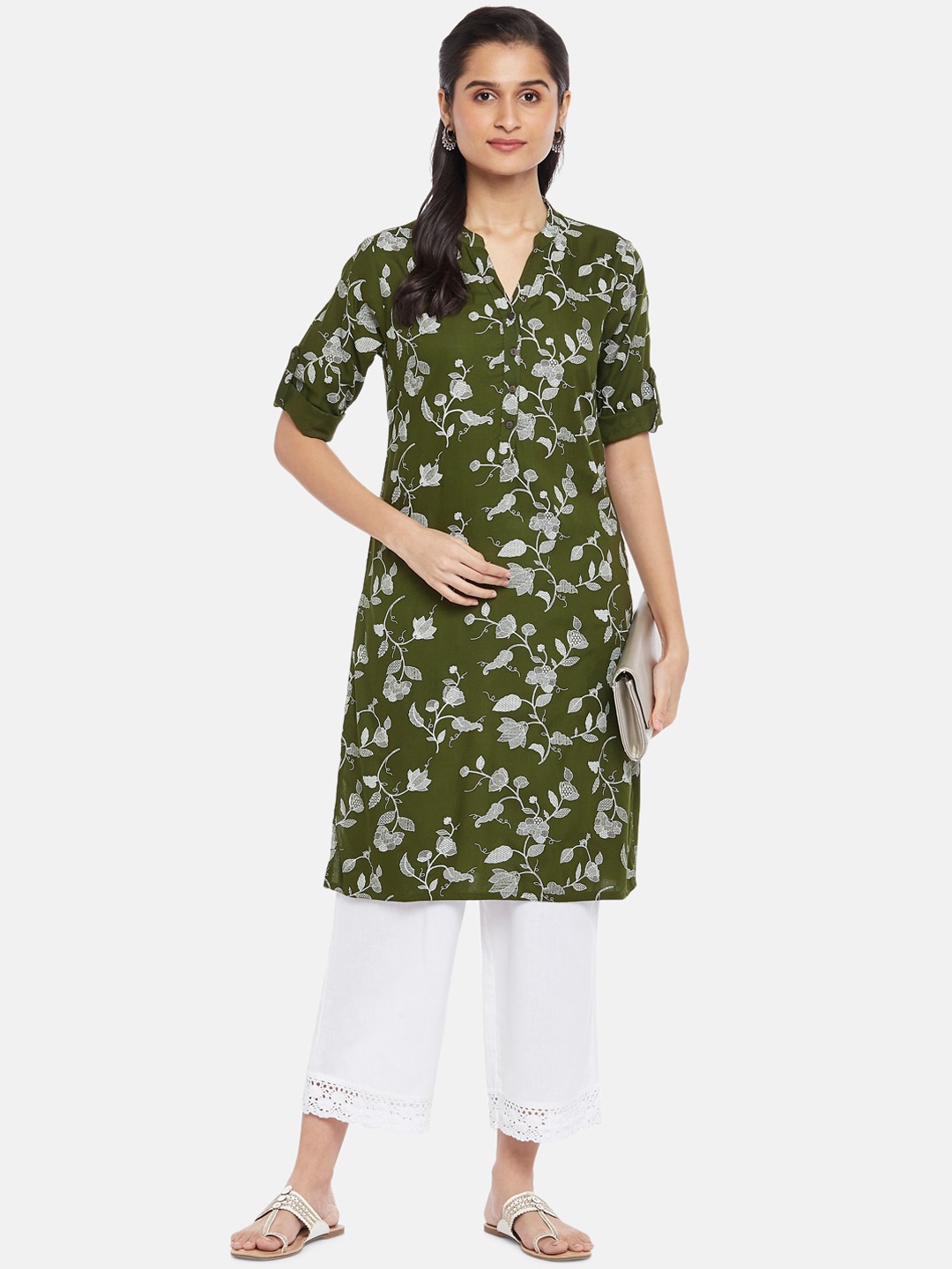 

RANGMANCH BY PANTALOONS Women Olive Green Floral Printed Kurta