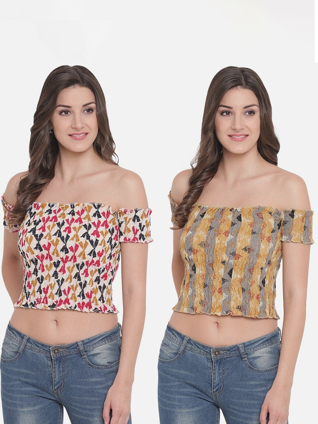 

Aawari Mustard Yellow & Beige Geometric Print Off-Shoulder Bardot Crop Pack Of 2 Top