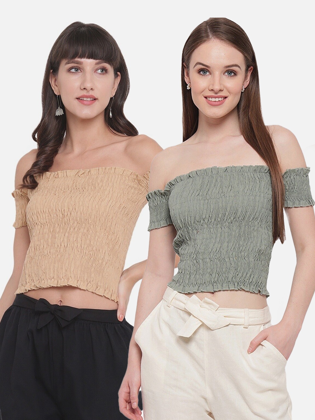 

Aawari Women Set of 2 Tan Off & Green off-Shoulder Bardot Crop Top