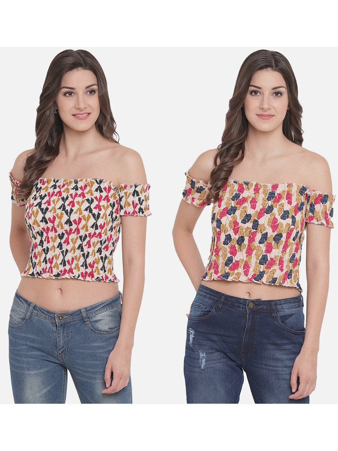 

Aawari Women Pack Of 2 Printed Off-Shoulder Bardot Crop Top, Cream