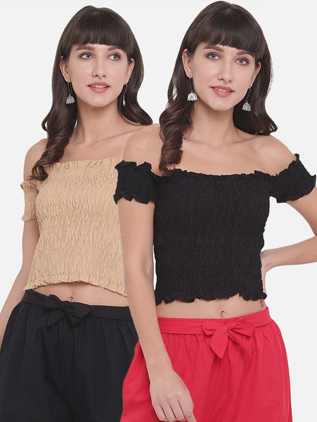 

Aawari Tan & Black Off-Shoulder Bardot Pack Of 2 Crop Top