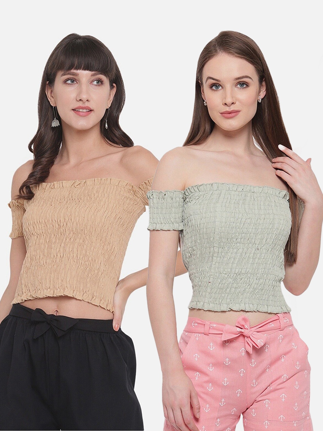 

Aawari Pack Of 2 Women Tan & Green Off-Shoulder Bardot Top