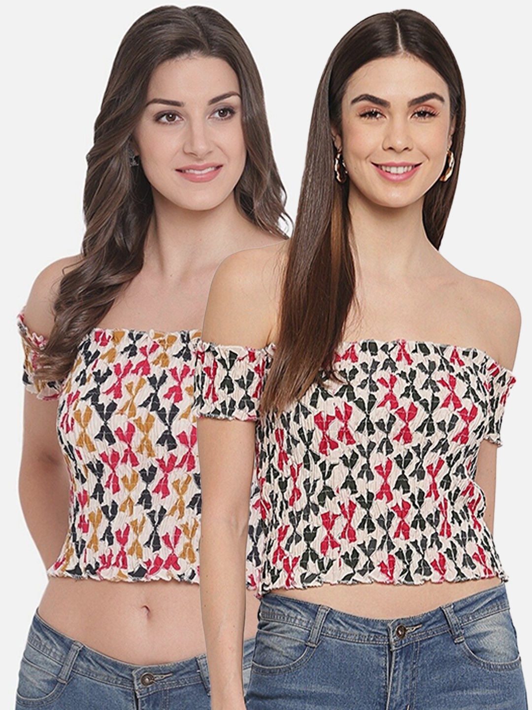 

Aawari Cotton Set of 2 Printed Multicoloured Floral Print Off-Shoulder Bardot Crop Top, Multi