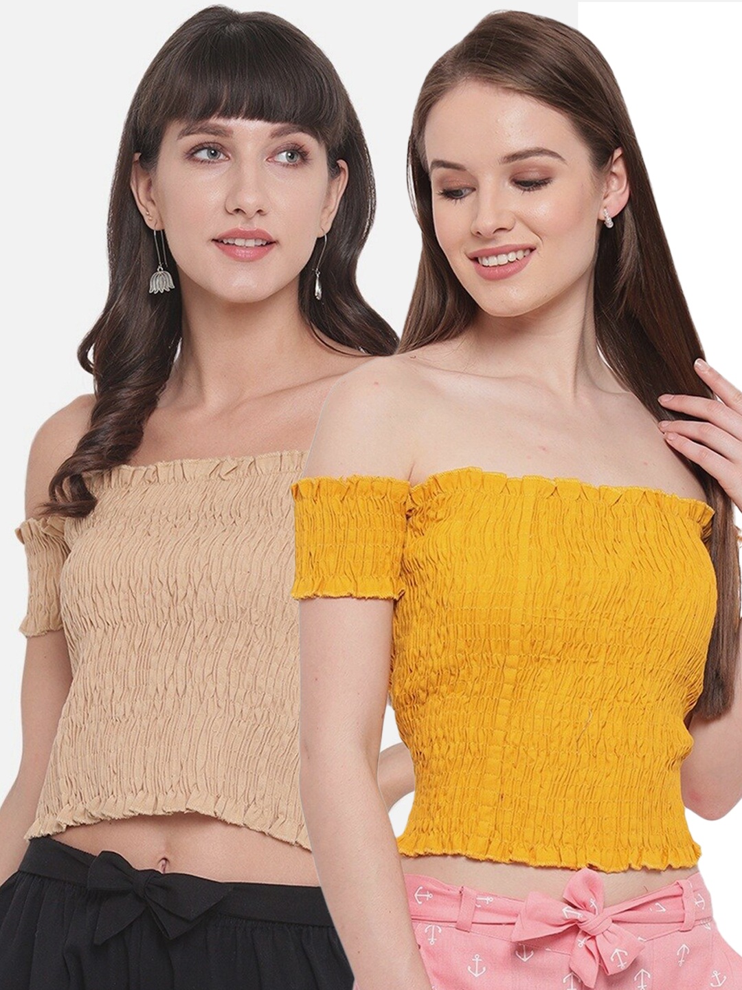 

Aawari Pack of 2 Beige & Yellow Solid Off-Shoulder Smocked Bardot Tops