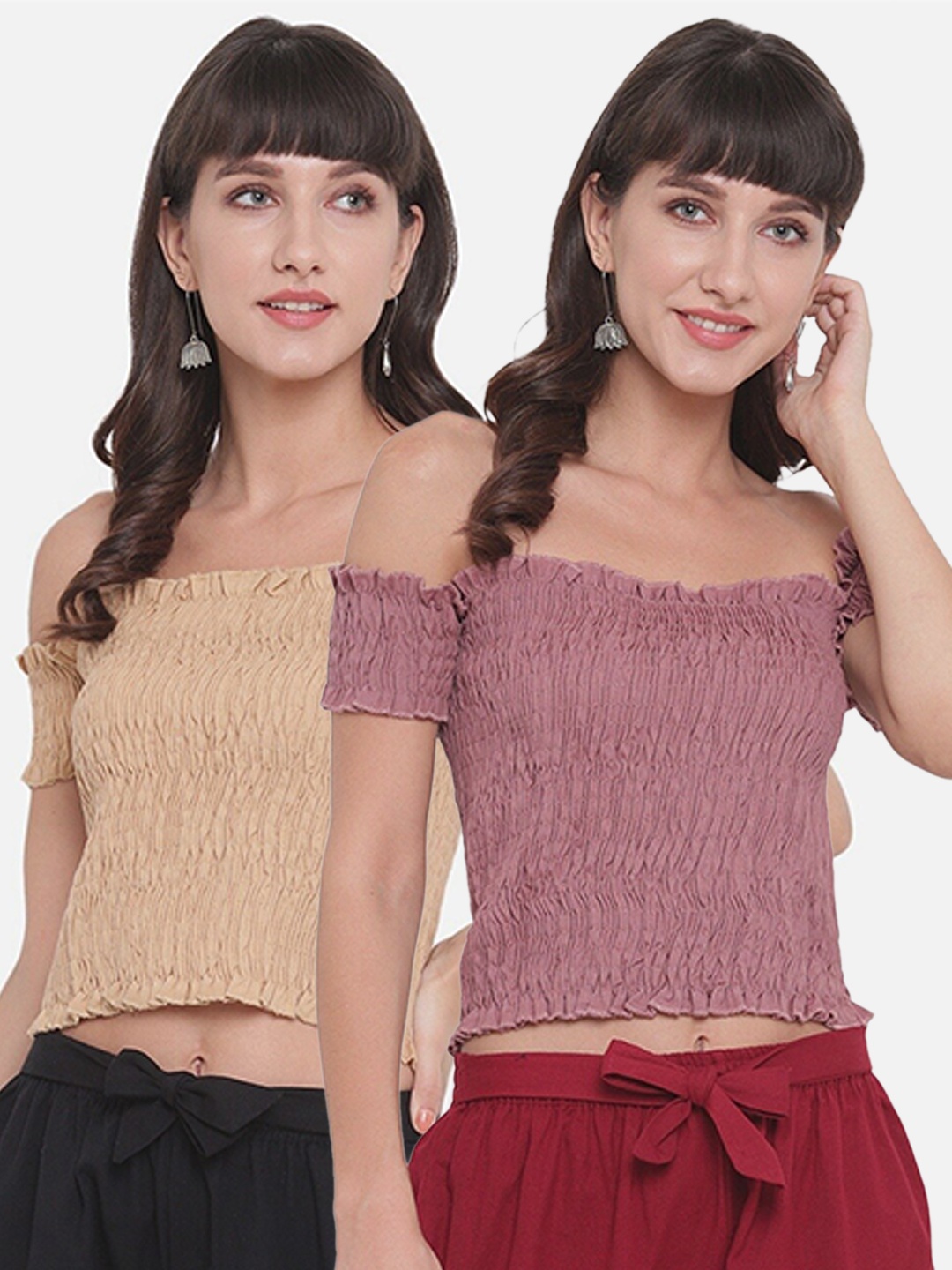 

Aawari Pack of 2 Tan & Pink Fitted Crop Top