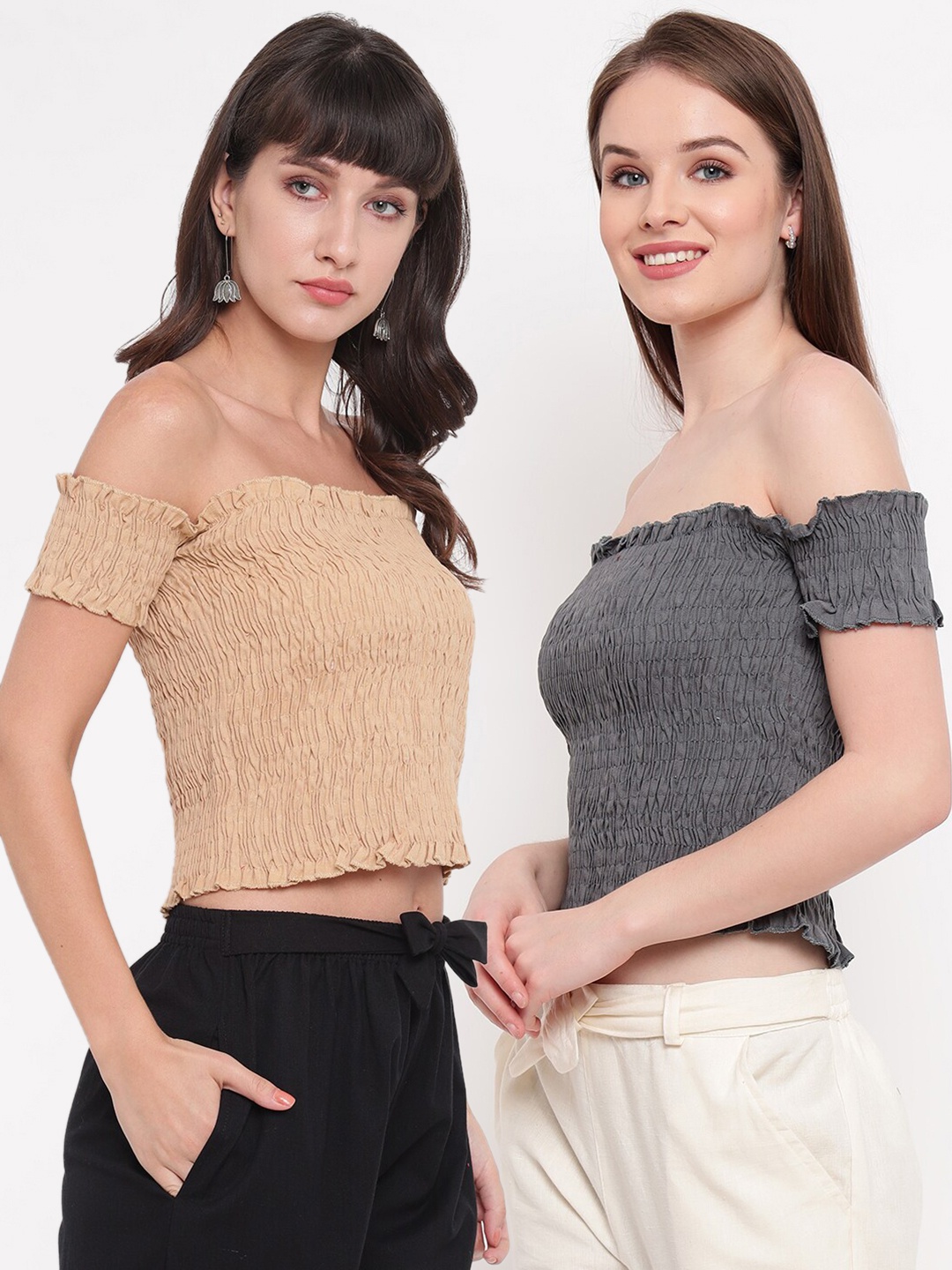 

Aawari Women Pack of 2 Tan & Grey Off-Shoulder Smocked Bardot Top