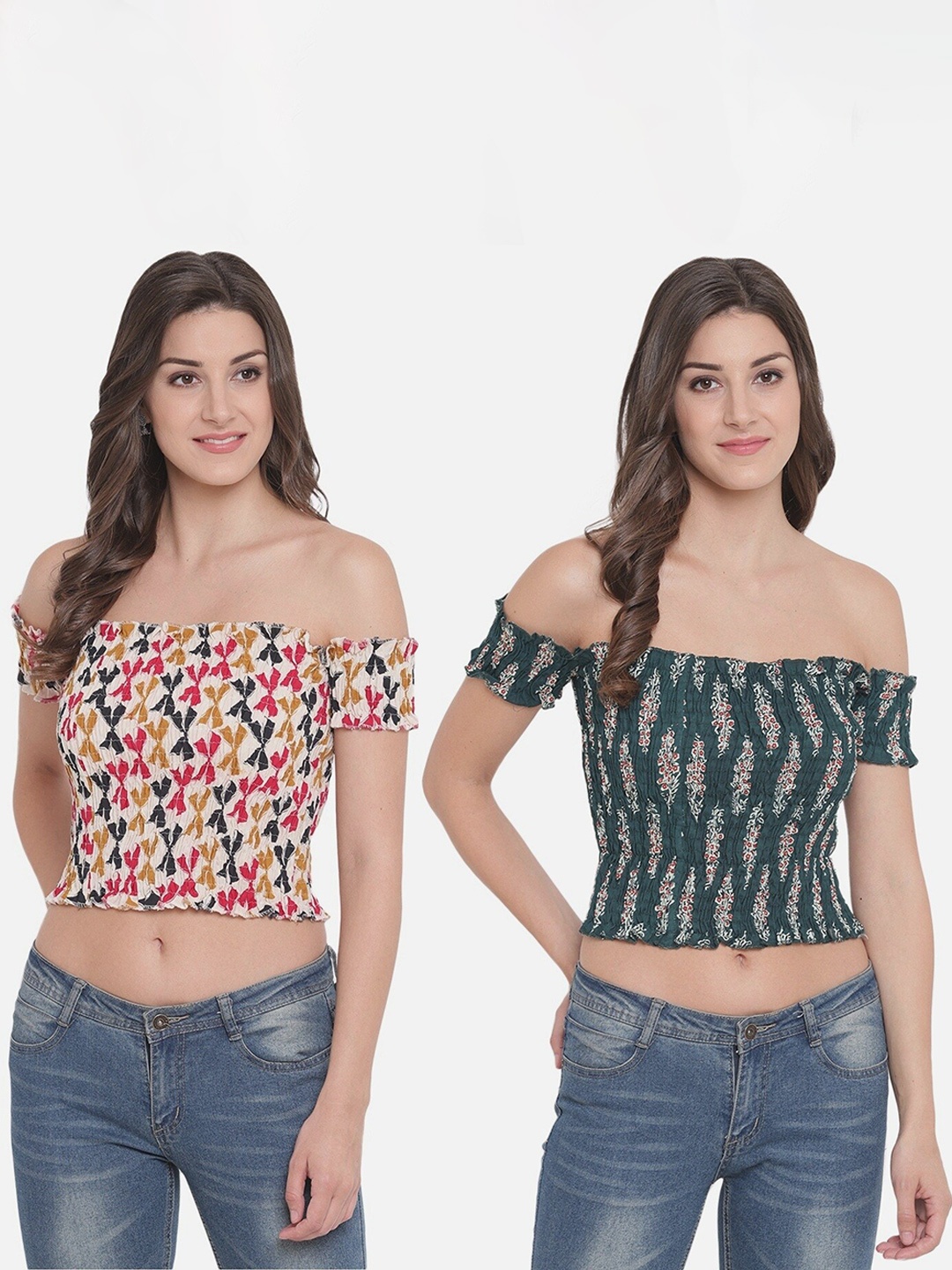 

Aawari Pack of 2 Red & Green Print Off-Shoulder Crop Top