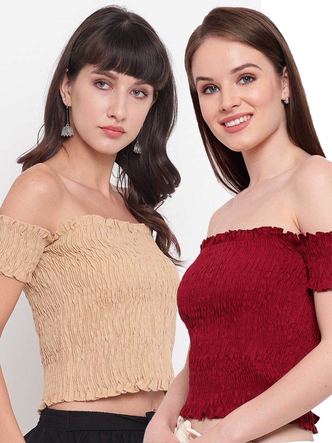 

Aawari Set of 2 Bardot Crop Tops, Beige